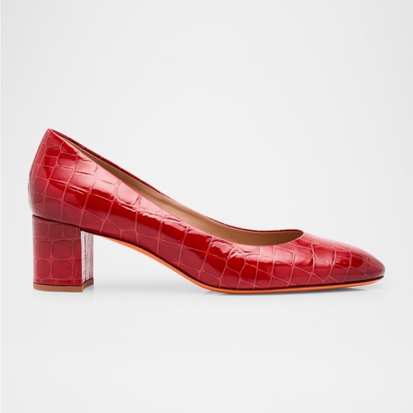 Santoni scarlet red croc-embossed leather pumps with 55mm block mid-heel - Picture 1 of 4